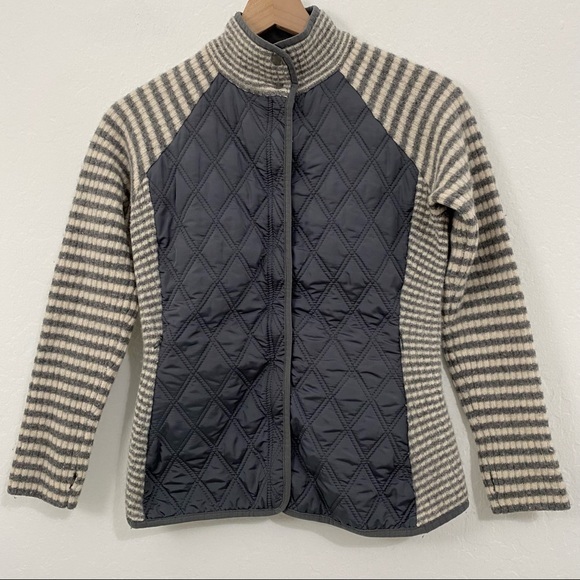 Dakini Women’s S Gray White Striped Wool Blend Jacket Full Zip Mock Neck - Picture 1 of 8